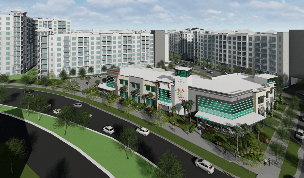 corner of retail shops surrounded by future buildings at CenterPointe